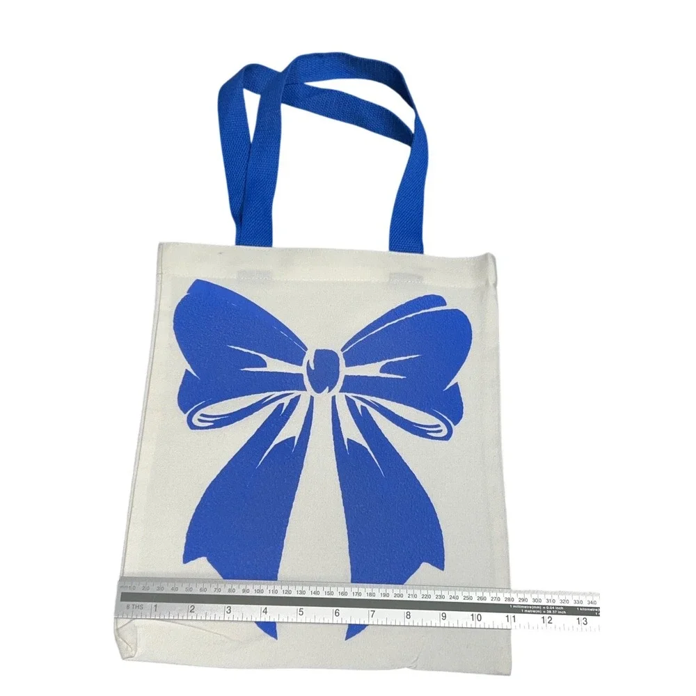 Puff Blue Ribbon Bow Canvas Tote Bag White Small Excellent Coquette Aesthetic